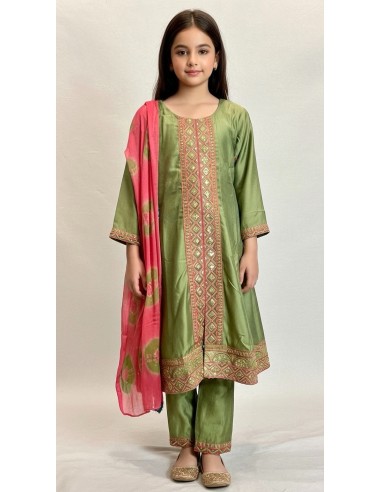 ensemble indien fille (Salwar Kameez) brodé avec dupatta - SIMRAN Vert Olive - 1