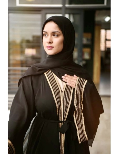 Abaya noire brodée or – Robe Dubaï élégante et moderne - 4
