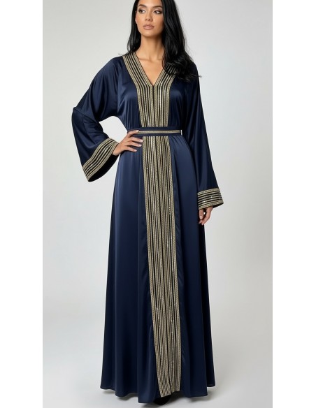 Abaya bleu brodée or – Robe Dubaï élégante et moderne - 1