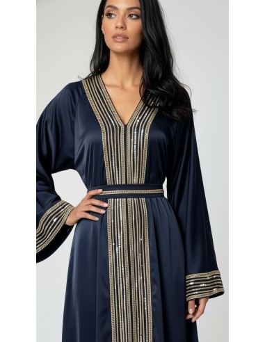 Abaya bleu brodée or – Robe Dubaï élégante et moderne - 2