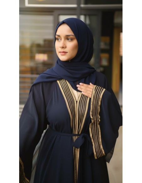 Abaya bleu brodée or – Robe Dubaï élégante et moderne - 3