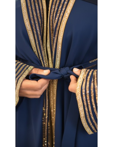 Abaya bleu brodée or – Robe Dubaï élégante et moderne - 4