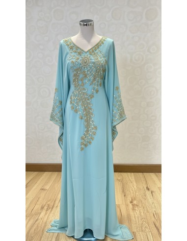 robe Farasha Dubaï –turquoise Brodée Perles dorées - 2
