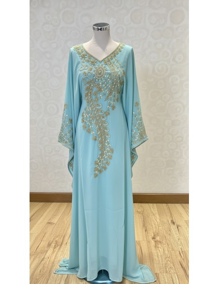 robe Farasha Dubaï –turquoise Brodée Perles dorées - 2