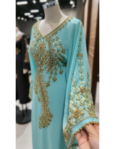 robe Farasha Dubaï –turquoise Brodée Perles dorées - 3