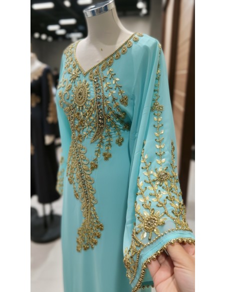 robe Farasha Dubaï –turquoise Brodée Perles dorées - 3
