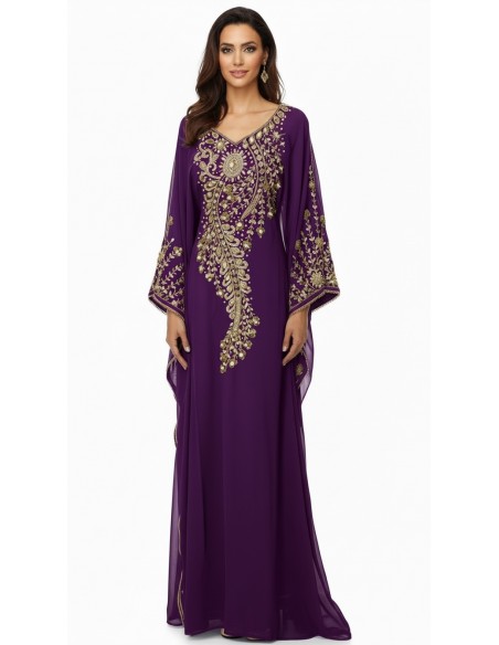 robe Farasha Dubaï –violet Brodée Perles dorées - 1