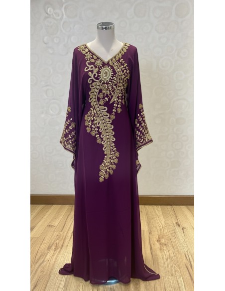 robe Farasha Dubaï –violet Brodée Perles dorées - 2