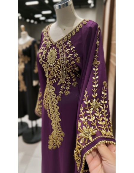 robe Farasha Dubaï –violet Brodée Perles dorées - 3