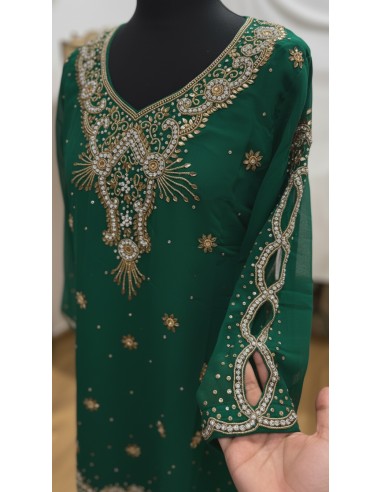 Kurti indienne brodée Vert – Tunique orientale femme perles & strass – Grande taille - 2