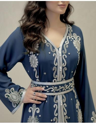 caftan Dubaï Vert Bleu Brodée Argent avec Ceinture - 2