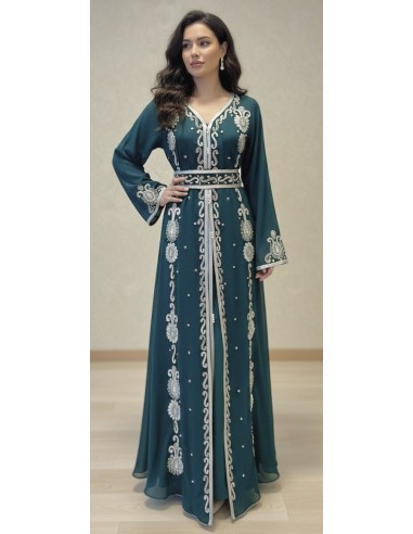 caftan Dubaï Vert Bleu Brodée Argent avec Ceinture - 1