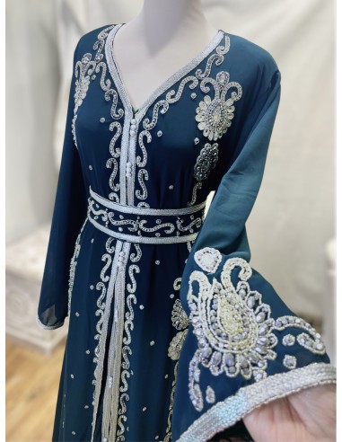 caftan Dubaï Vert Bleu Brodée Argent avec Ceinture - 3