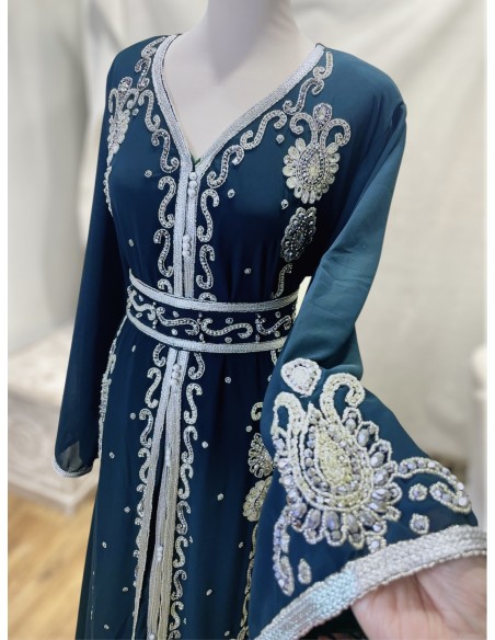 caftan Dubaï Vert Bleu Brodée Argent avec Ceinture - 3