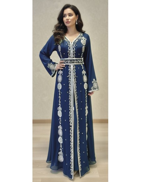 caftan Dubaï Bleu marine Brodée Argent avec Ceinture - 1