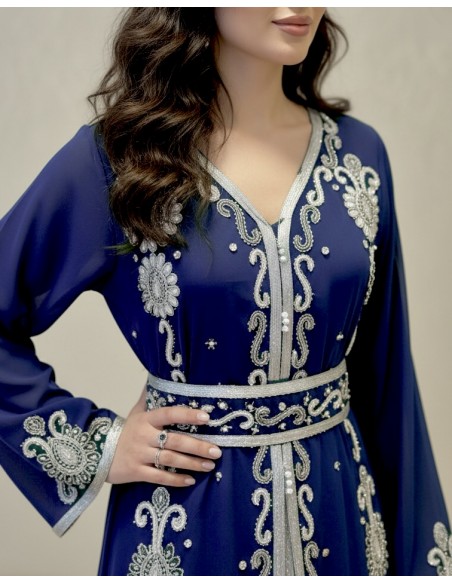 caftan Dubaï Bleu marine Brodée Argent avec Ceinture - 2