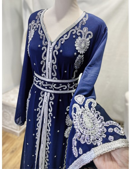 caftan Dubaï Bleu marine Brodée Argent avec Ceinture - 3