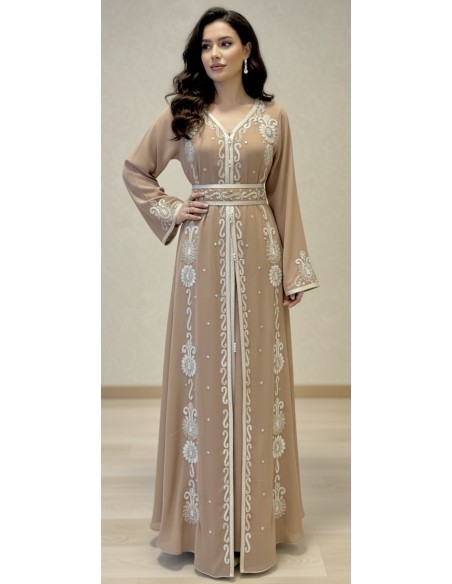 caftan Dubaï beige taupe Brodée Argent avec Ceinture - 1