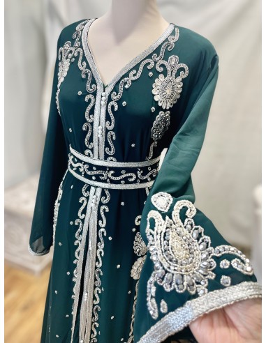 caftan Dubaï vert royal Brodée Argent avec Ceinture - 3
