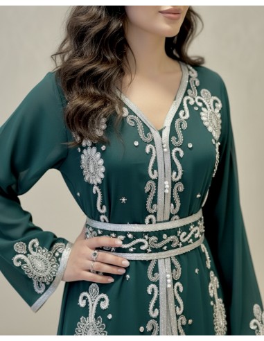 caftan Dubaï vert royal Brodée Argent avec Ceinture - 2