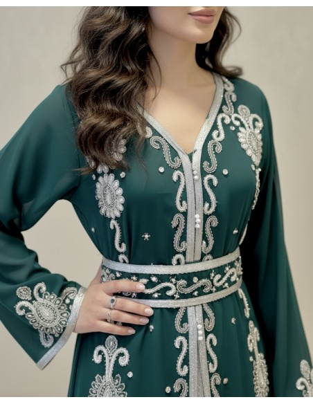caftan Dubaï vert royal Brodée Argent avec Ceinture - 2