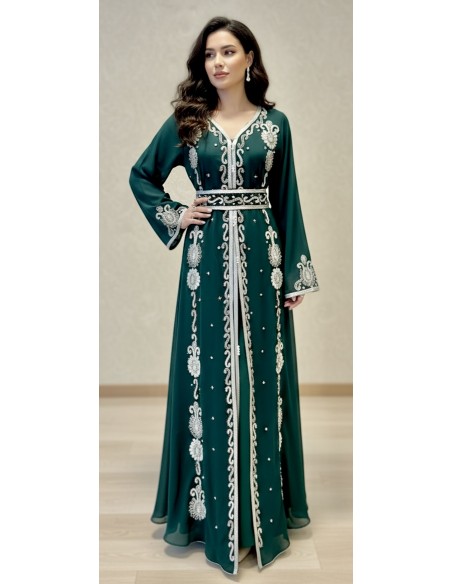 caftan Dubaï vert royal Brodée Argent avec Ceinture - 1