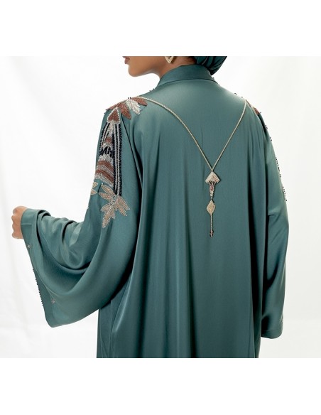 Abaya Kimono Dubai Chic – Broderies Luxe – Vert Émeraude - 2