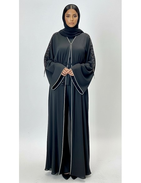 Abaya Kimono Dubai Luxe – Noir Intense – Broderies Élégantes - 1