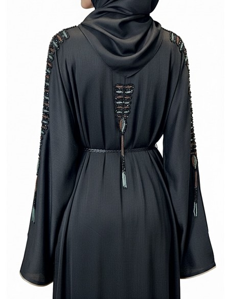 Abaya Kimono Dubai Luxe – Noir Intense – Broderies Élégantes - 4