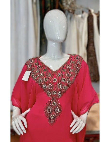 Robe Dubai farasha Abaya Kaftan rose électric strass Dorées - 3
