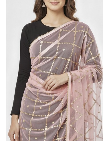 Dupatta chale etole indienne rose clair sequins doré - 2