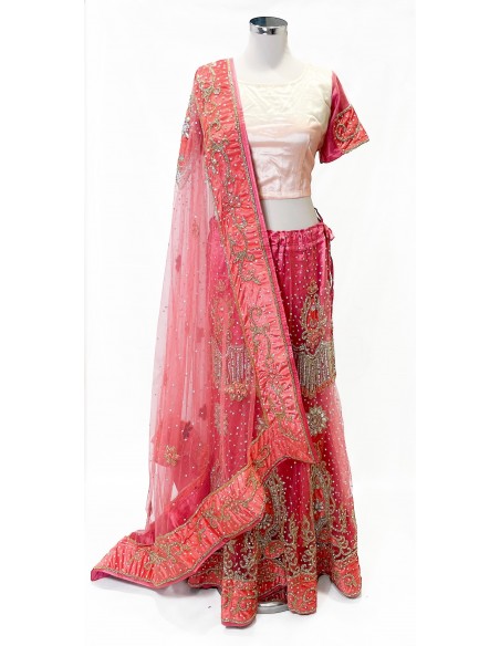 Ensemble indien perlé – Lehenga pakistanais femme corail et blanc/Tenue mariage & cérémonie - 1