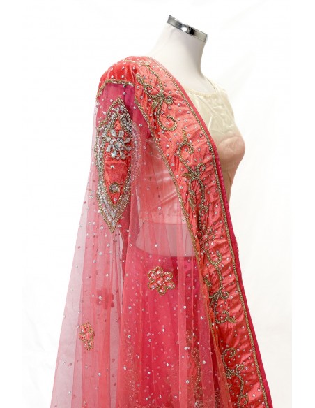 Ensemble indien perlé – Lehenga pakistanais femme corail et blanc/Tenue mariage & cérémonie - 3
