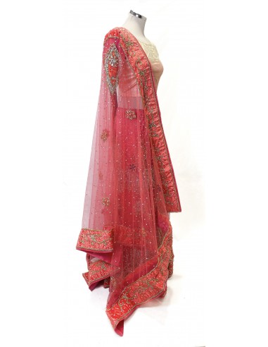 Ensemble indien perlé – Lehenga pakistanais femme corail et blanc/Tenue mariage & cérémonie - 4