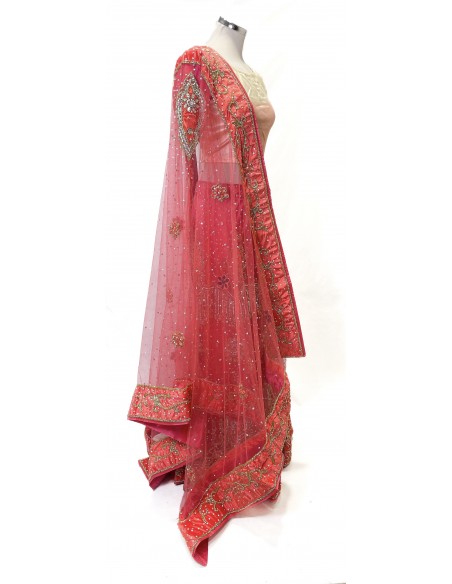 Ensemble indien perlé – Lehenga pakistanais femme corail et blanc/Tenue mariage & cérémonie - 4