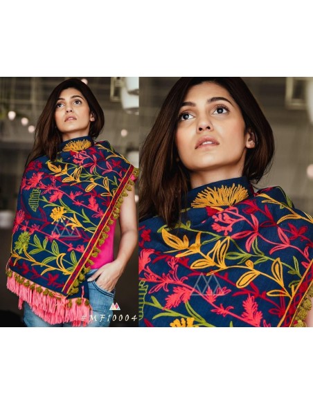 Khadi pashmina foulard indienne ethnique sagra bleu  - 2