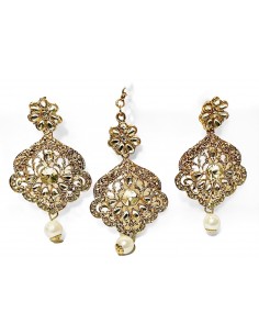 Set Bijoux tête et boucles d'oreilles antique perles doré  - 1