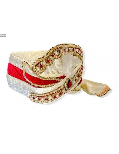 Chapeau traditionnel Pagdi Coiffe blanc cassé/Rouge  - 2