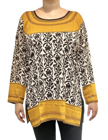 Tunique indienne ethnique kurti bohème noir Jaune A23  - 1