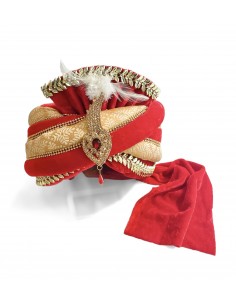 Chapeau traditionnel indien Pagdi Turban indienne Coiffe Rouge et Beige  - 1