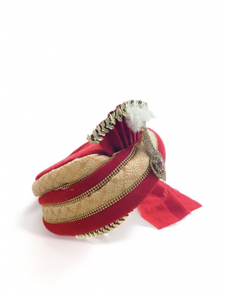Chapeau traditionnel indien Pagdi Turban indienne Coiffe Rouge et Beige  - 2