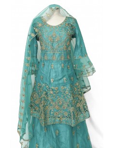 Lehenga choli turquoise et doré  - 1 2