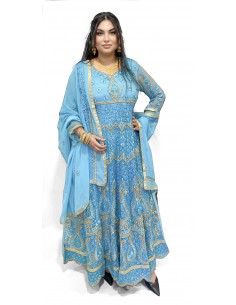 Robe indienne Longue salwar churidar anarkali Kareena Bleu  - 1