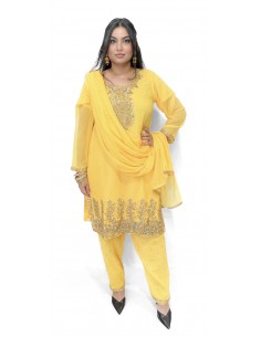 Robe indienne Salwar Kameez perlé jaune et doré  - 1