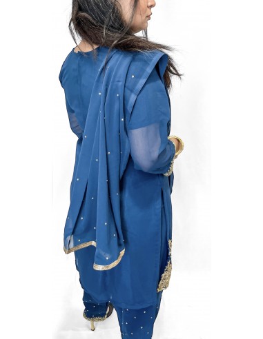 Robe indienne Salwar Kameez perlé Bleu paon et doré  - 3