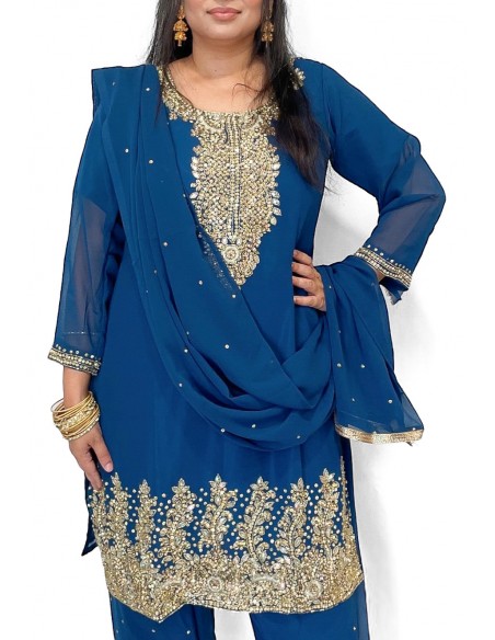 Robe indienne Salwar Kameez perlé Bleu paon et doré  - 2