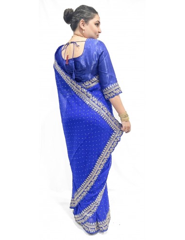 Sari indien Saaniya prêt à porter bleu royal et doré  - 1
