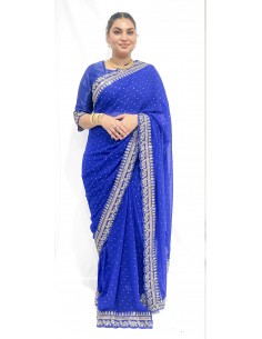 Sari indien Saaniya prêt à porter bleu royal et doré  - 2