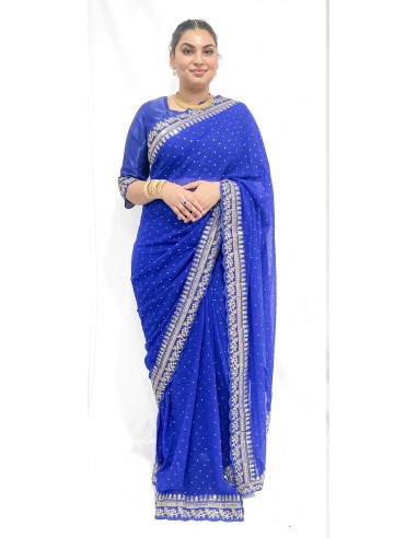 Sari indien Saaniya prêt à porter bleu royal et doré  - 2