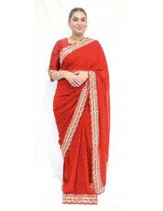 Sari indien Saaniya prêt à porter rouge et doré  - 2